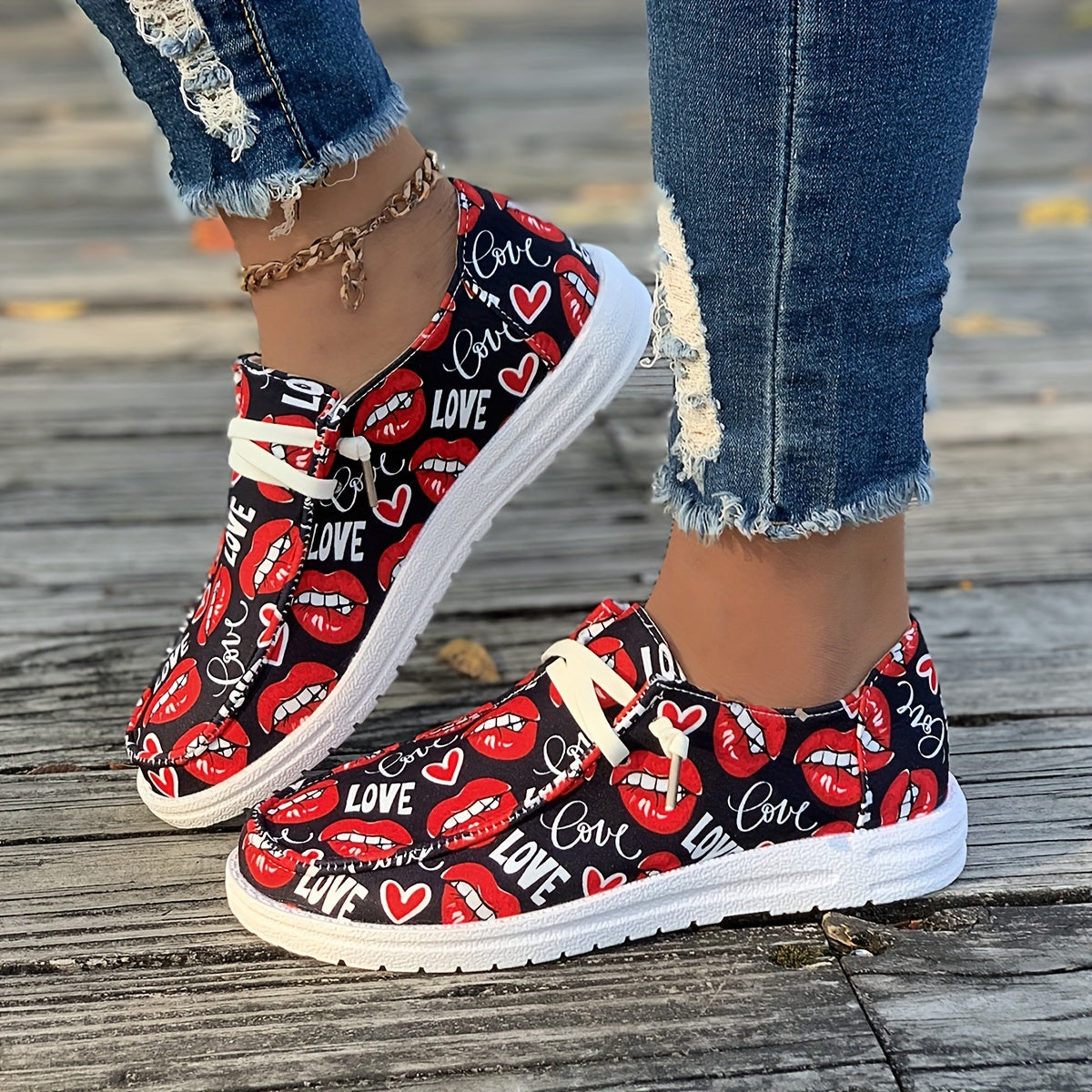 Love Print Boat Shoes Lightweight Low Canvas Shoes For Women