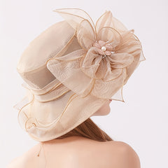Foldable Sun Hat Flower Decor Organza Derby Hat Lightweight Church Hat