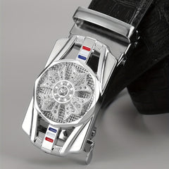 Men's PU Leather Automatic Buckle Belt with Flower Decor
