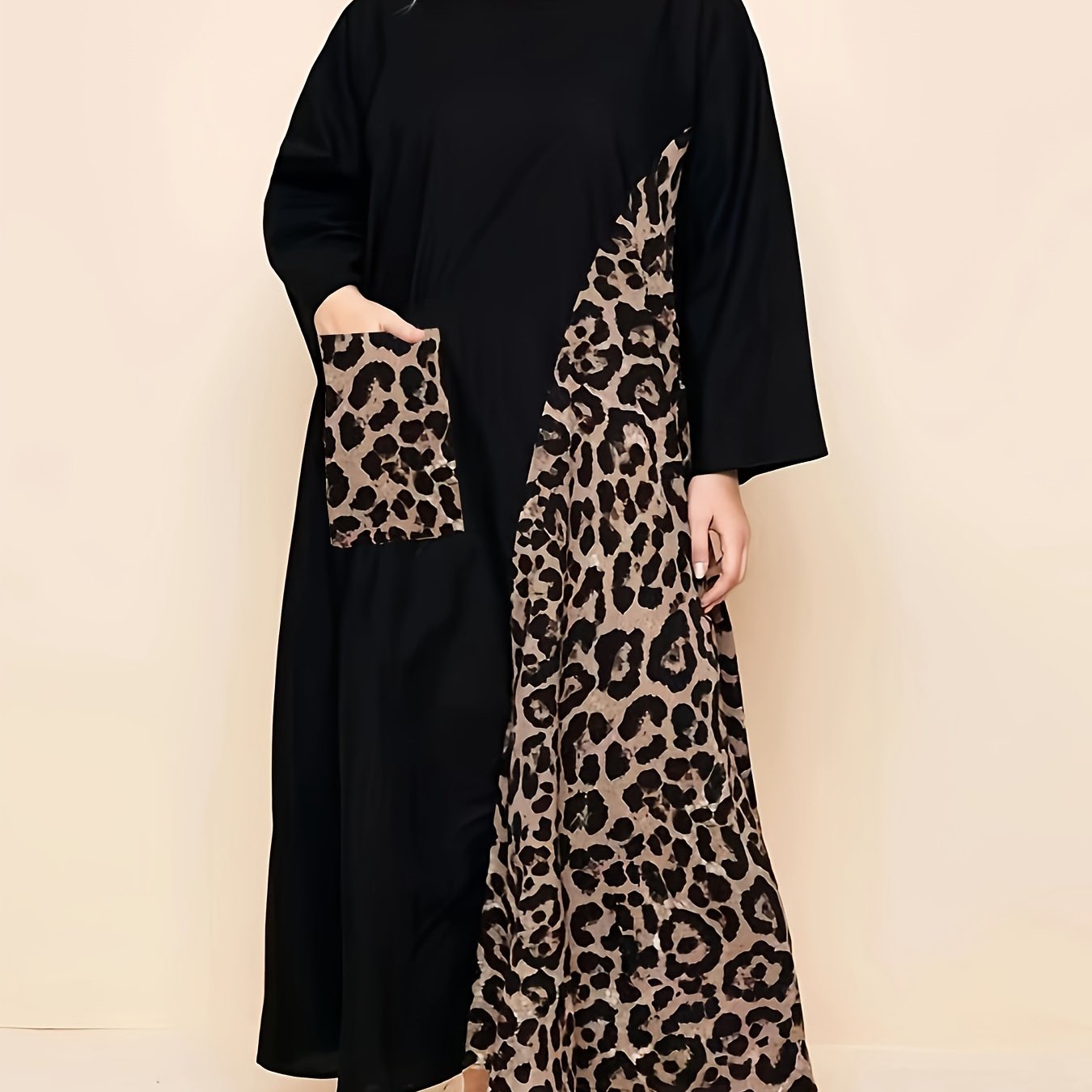  Lounge Dress Women's Colorblock Leopard Print Long Sleeve Nightdress
