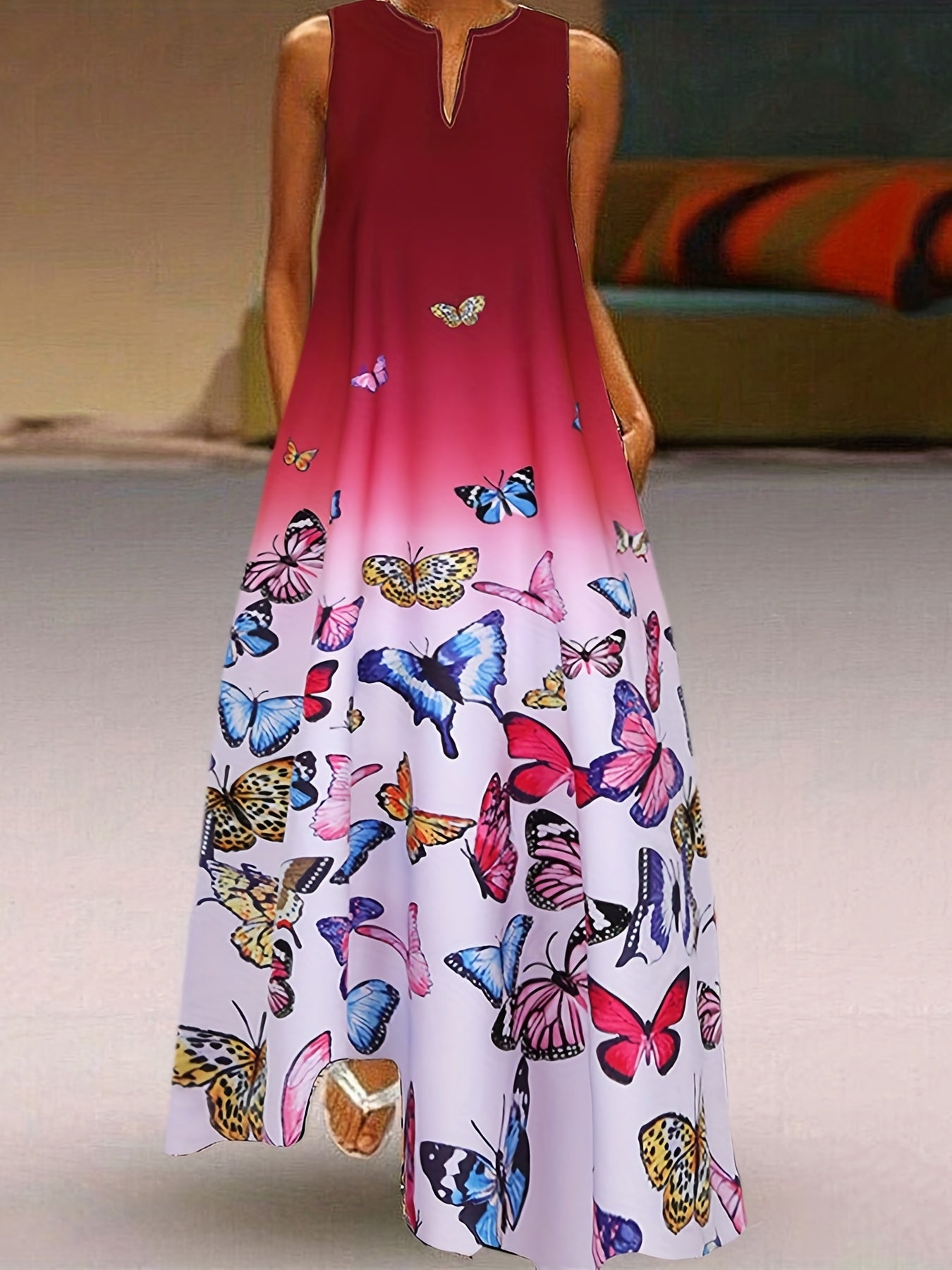  Butterfly Ombre Print Notched Neck Tank Maxi Dress