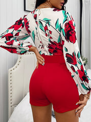 Floral Print Two Piece Set Lantern Sleeve Blouse & Shorts