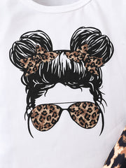 2pcs Baby Girls Leopard & Figure Print Tee Top & Shorts Set
