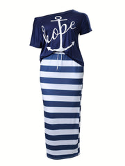 Women's Plus Anchor & Letter Print T shirt & Strip Slim Fit Skirt 2pcs Set