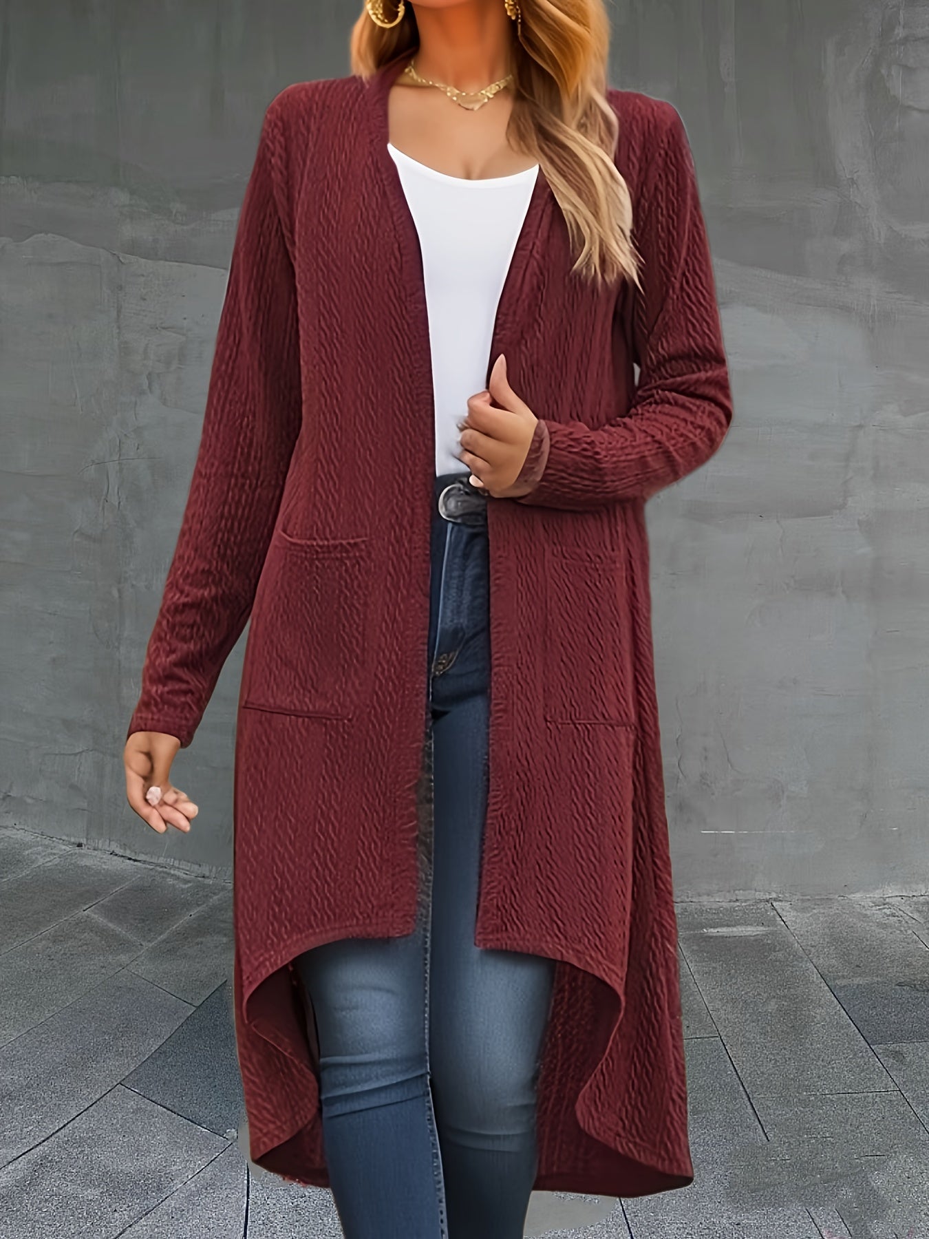  Solid Jacquard Open Front Cardigan With Pockets