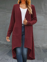  Solid Jacquard Open Front Cardigan With Pockets