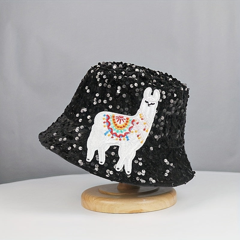 Alpaca Embroidery Sequin Bucket Hat Glitter Fisherman Cap