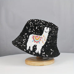 Alpaca Embroidery Sequin Bucket Hat Glitter Fisherman Cap