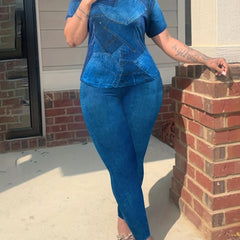  Casual Outfit: Denim Print Top & Leggings Set