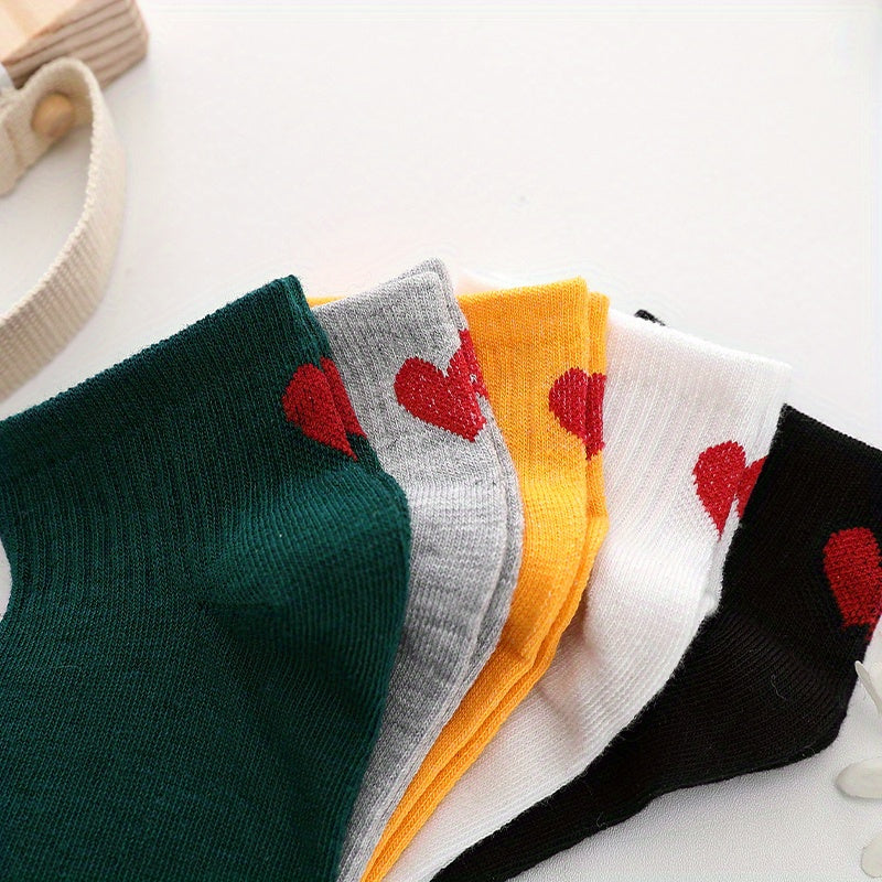 5 Pairs Heart Pattern Crew Socks Women's Stockings