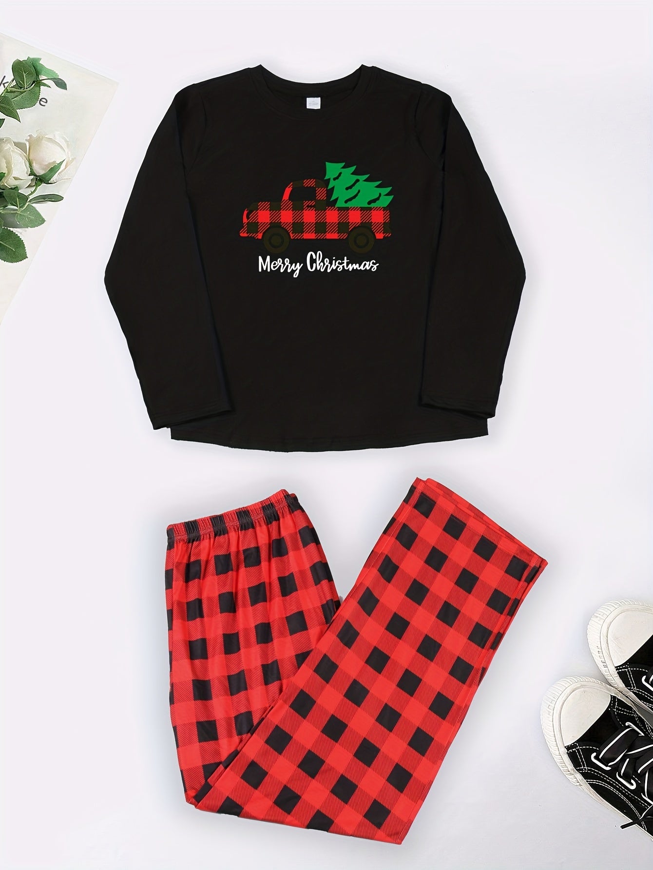  Christmas Casual Pajama Set Women's Plus Plaid Truck & Christmas Tree