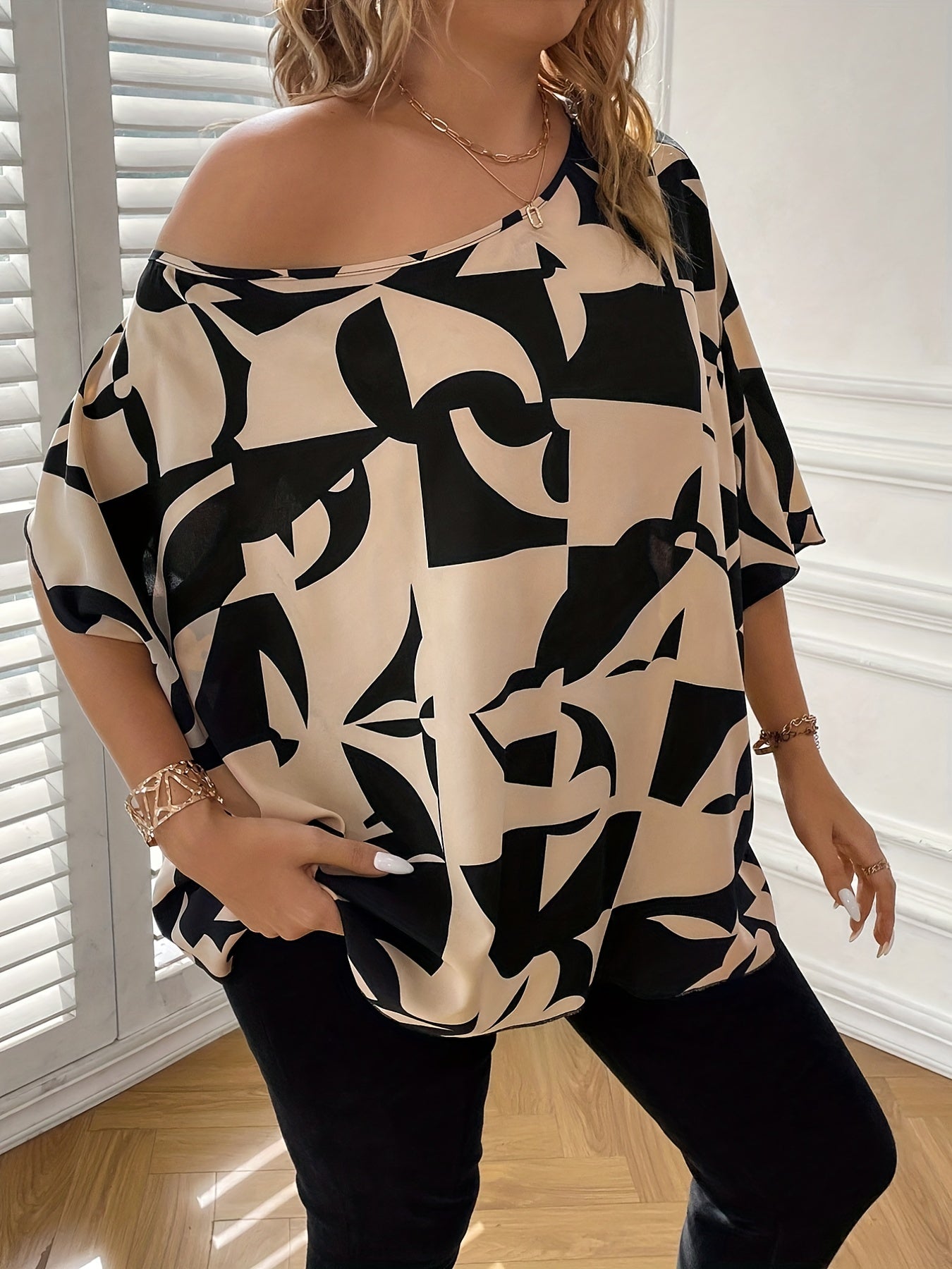  Colorblock Geo Print One Shoulder Short Sleeve Top