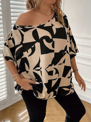  Colorblock Geo Print One Shoulder Short Sleeve Top