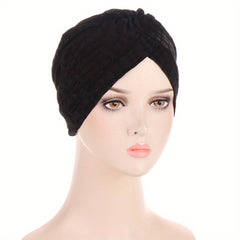 Top Knot Embossed Turban Cap Solid Pleated Head Wrap - Elastic Beanie Head Scarf