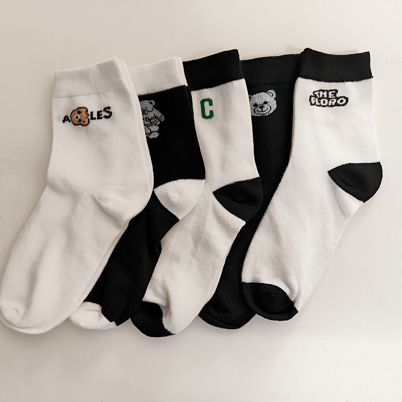 5 Pairs Cartoon & Letter Print Socks Mid Tube Women's Stockings