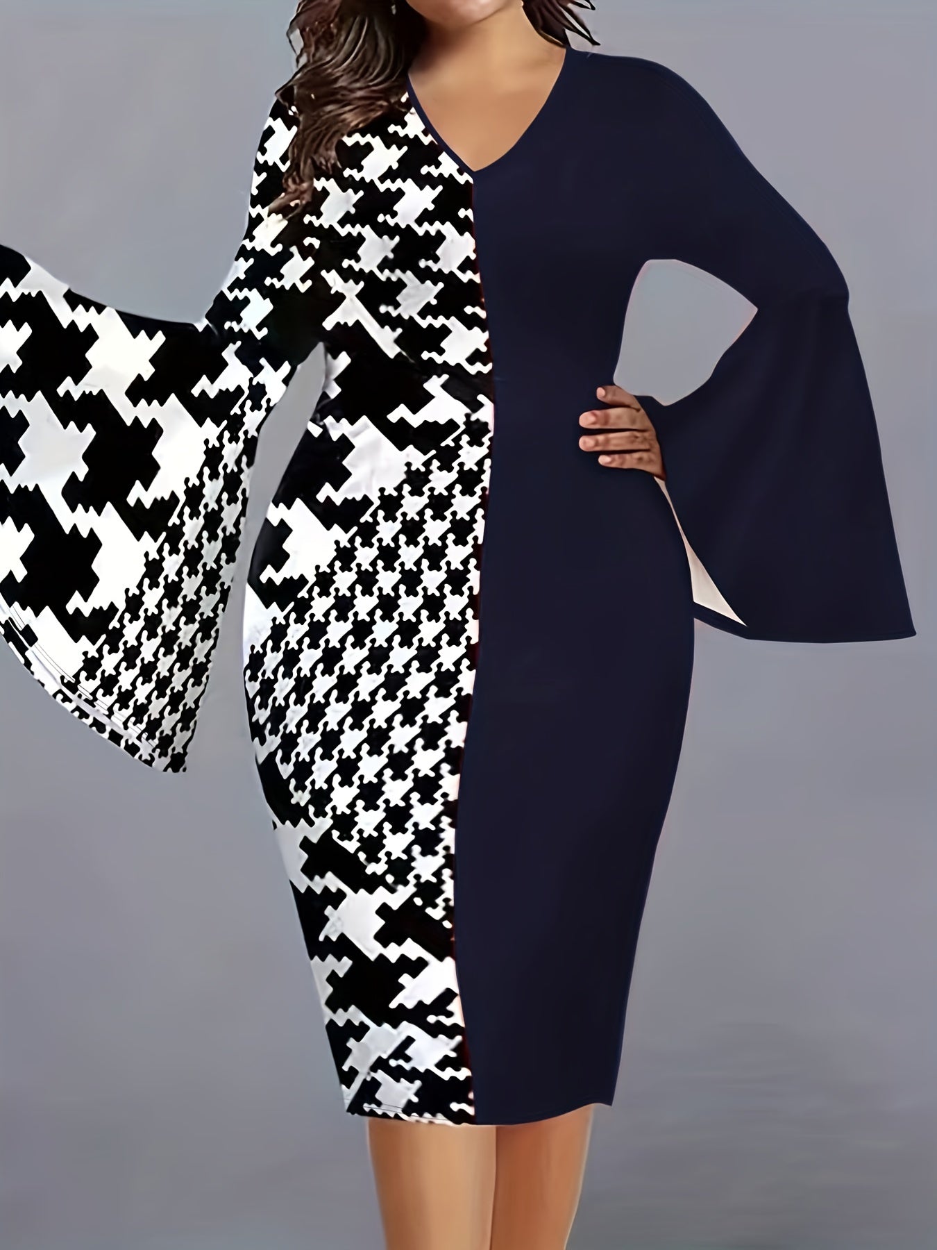  Colorblock Houndstooth Bell Sleeve V Neck Midi Dress