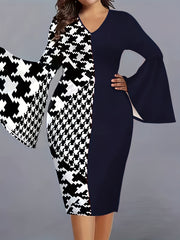  Colorblock Houndstooth Bell Sleeve V Neck Midi Dress