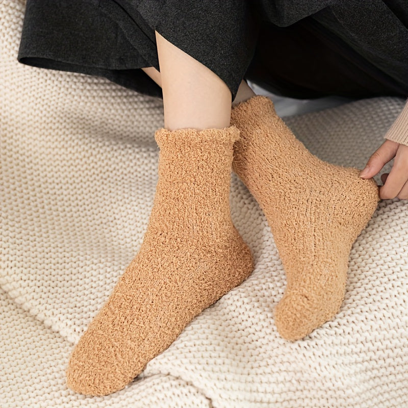 6 Pairs Solid Fuzzy Socks Comfy & Warm Mid Tube Women's Stockings