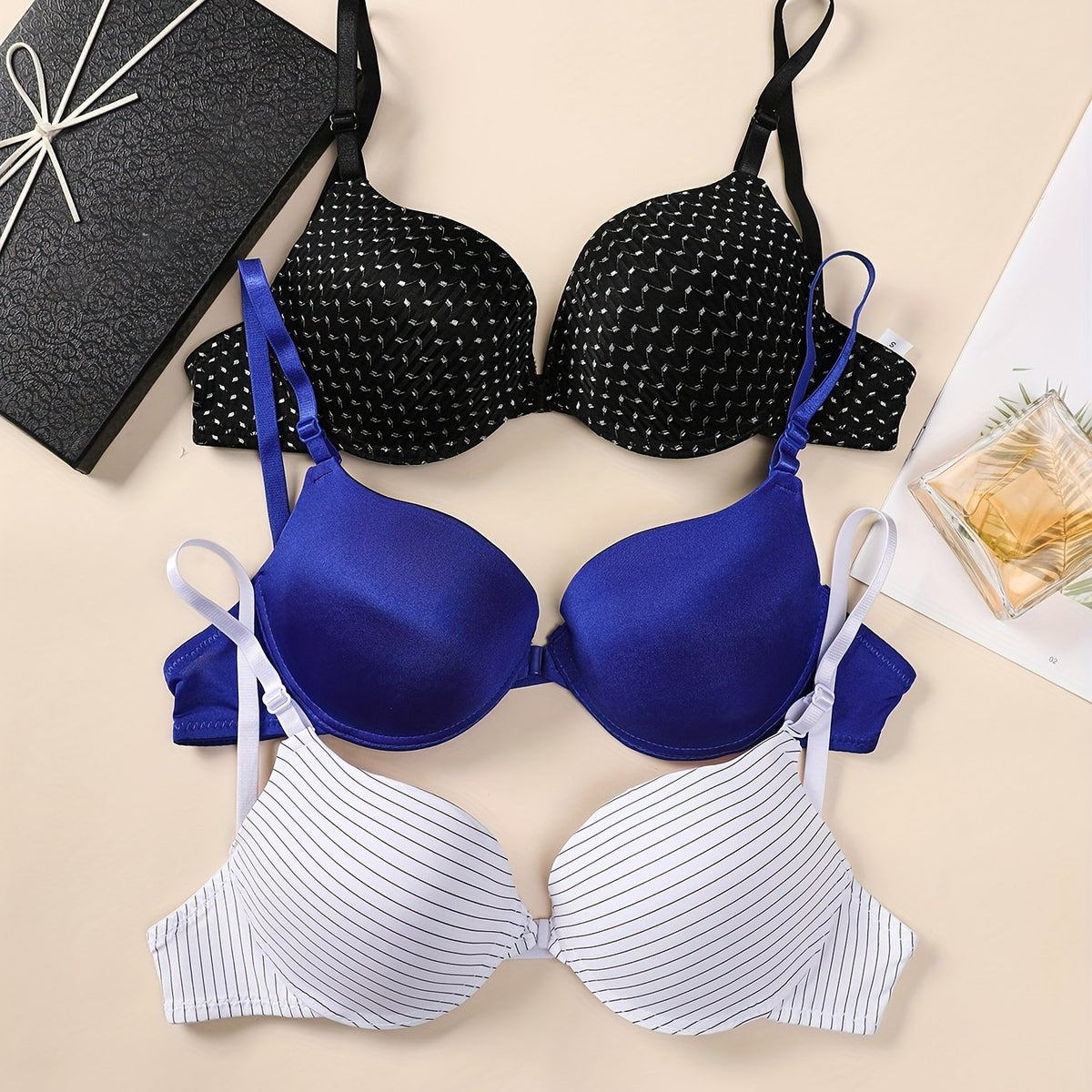 3 Pcs Women's Sexy Print Front Open Plunge Bras
