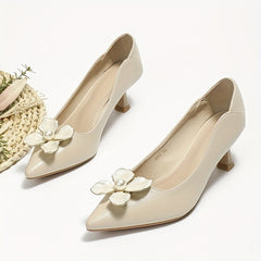 Pointed Toe Kitten Heels Flower Pearl Slip On Low Heels Work Shoes