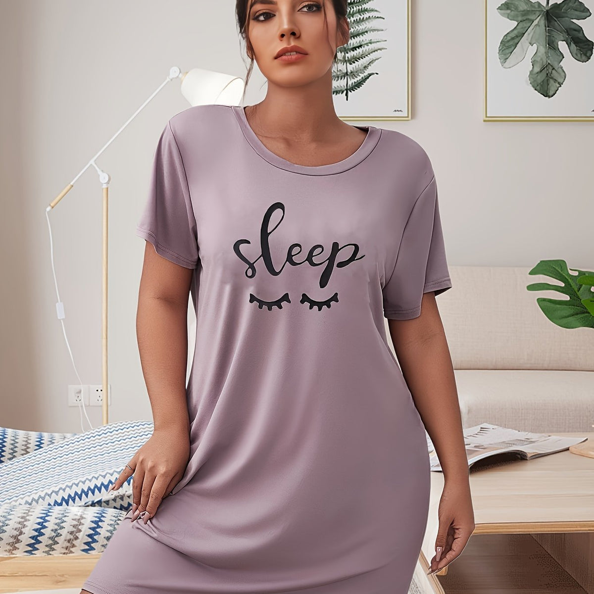  Nightdress Women's Plus Letter & Eyelash Print Short Sleeve