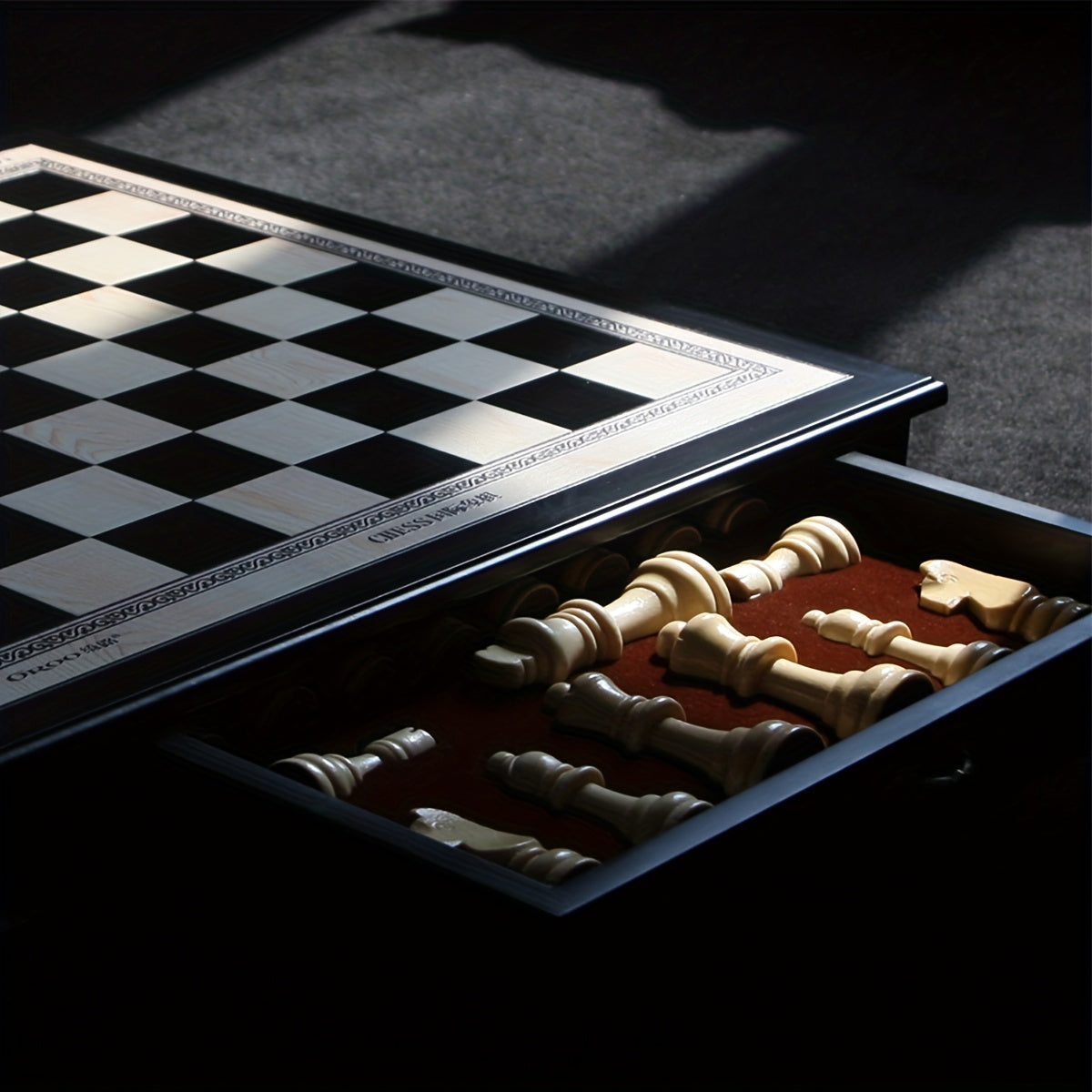Wooden Int'l Chess Set w/ Storage Drawer Plus 2 Extra Queens Classic Board Game