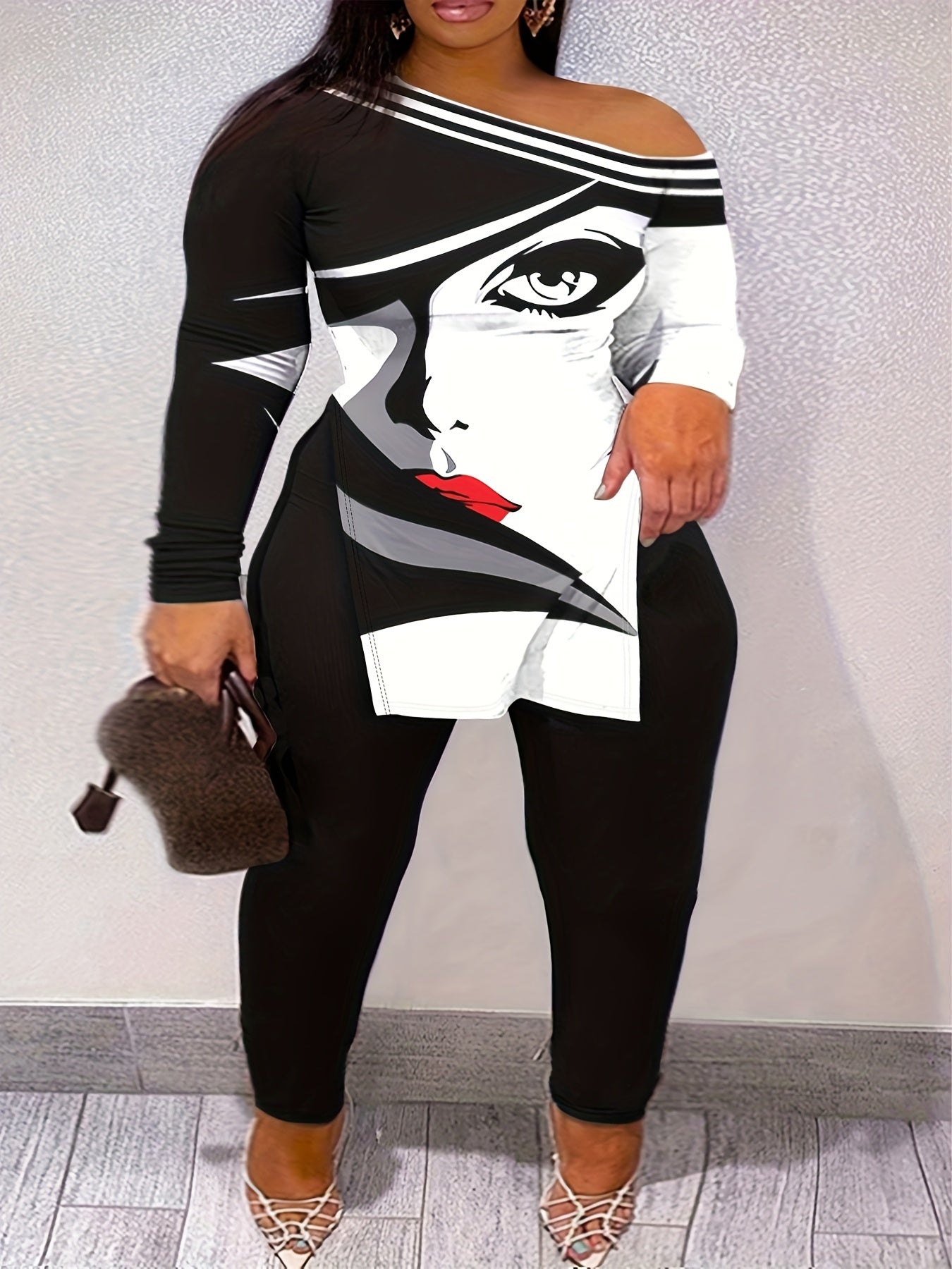  Cartoon Print Long Sleeve One Shoulder Top & Leggings Set