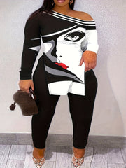  Cartoon Print Long Sleeve One Shoulder Top & Leggings Set