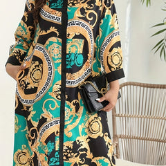  Baroque Print Button Up Long Sleeve Shirt Dress