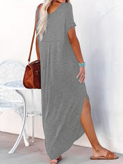 Short Sleeve Maxi Dress Crew Neck Side Slit Casual Dress Summer Spring