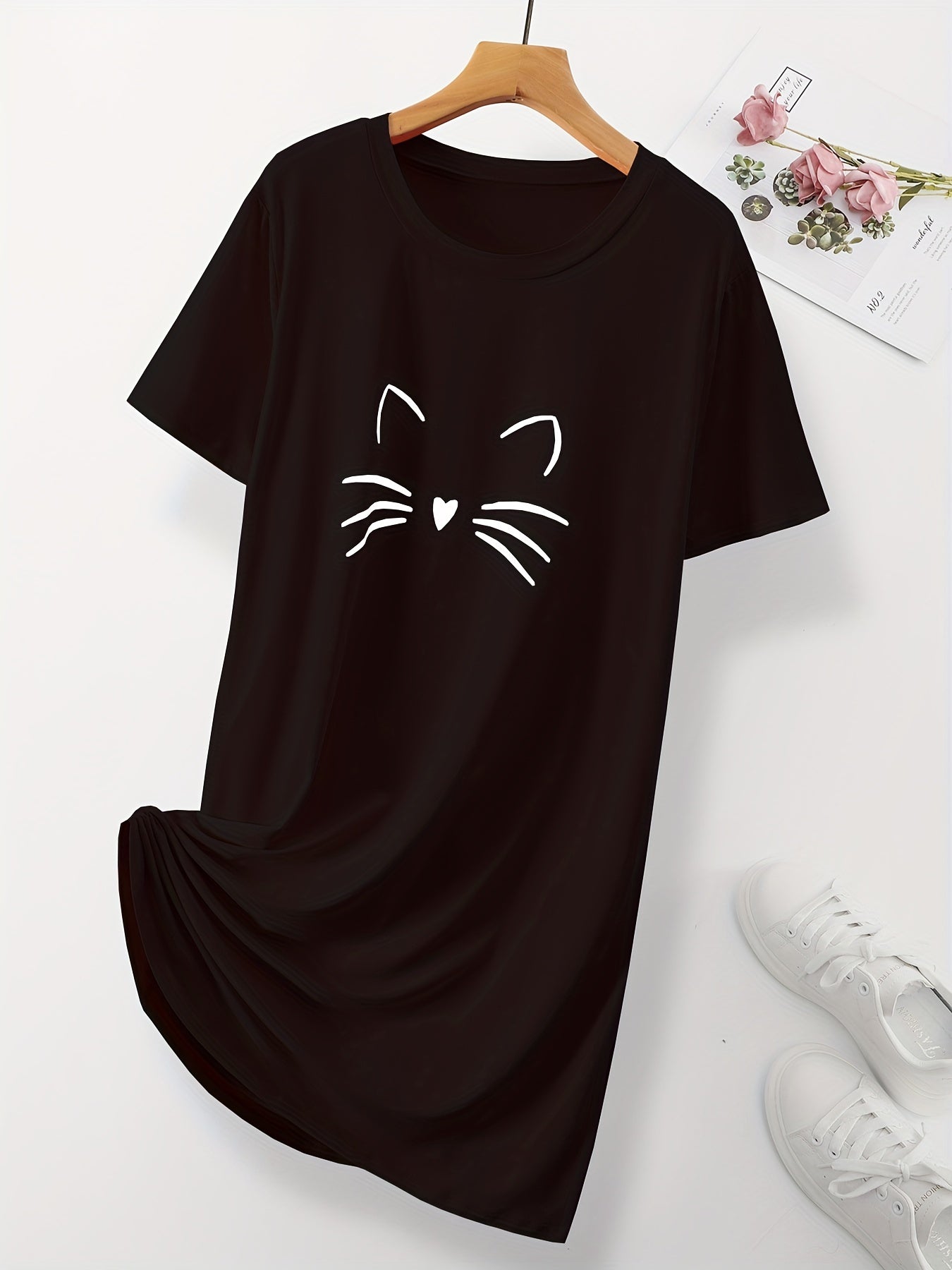 Cartoon Cat Print NightDress Short Sleeve Pajama Dress Women's Sleepwear