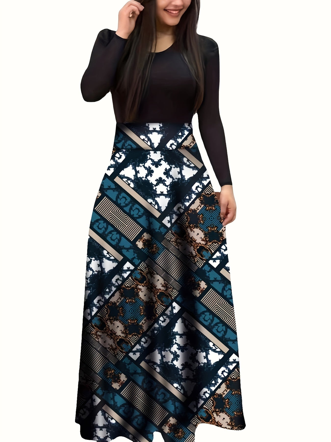  Colorblock Floral Print Long Sleeve Maxi Dress
