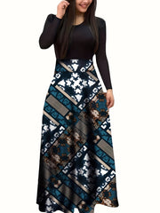 Colorblock Floral Print Long Sleeve Maxi Dress