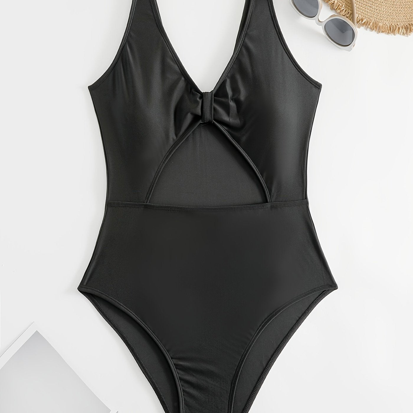  Solid V Neck Cut Out One Piece Bathing Suit