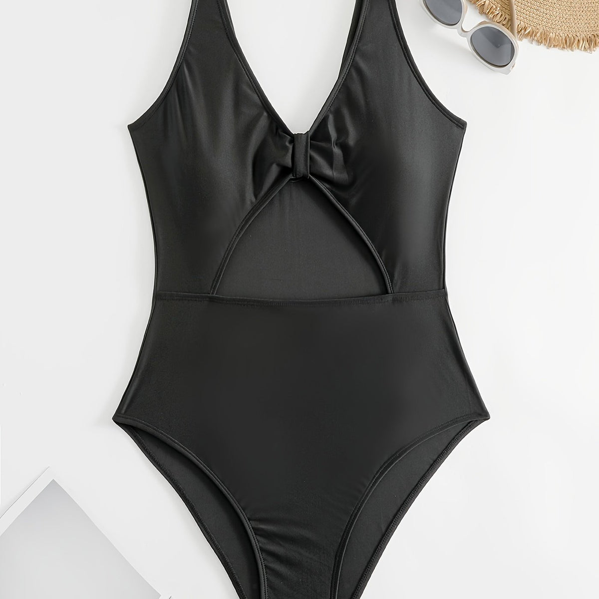  Solid V Neck Cut Out One Piece Bathing Suit