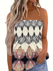 Ethnic Print Tube Top Sexy Shirred Ruffle Trim Summer Sleeveless Top