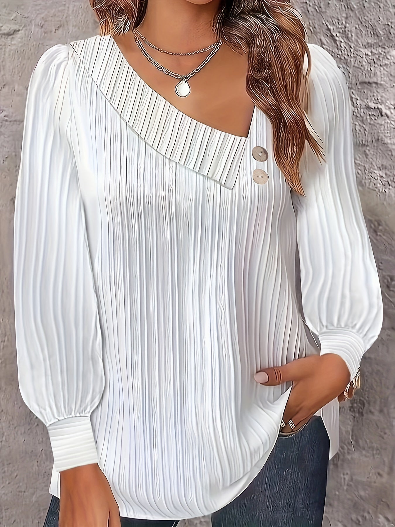  Ribbed Button Long Sleeve Blouse