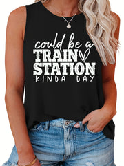  Casual Tank Top Women's Plus Slogan Print Round Neck Tank Top
