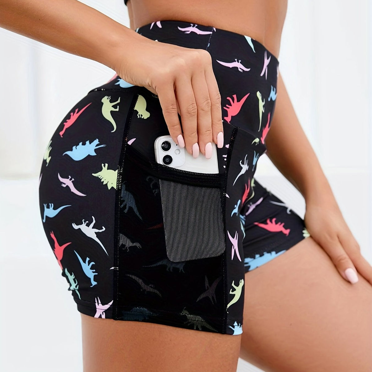  Dinosaur Print High Rise Wide Band Waist Skinny Fitness Shorts