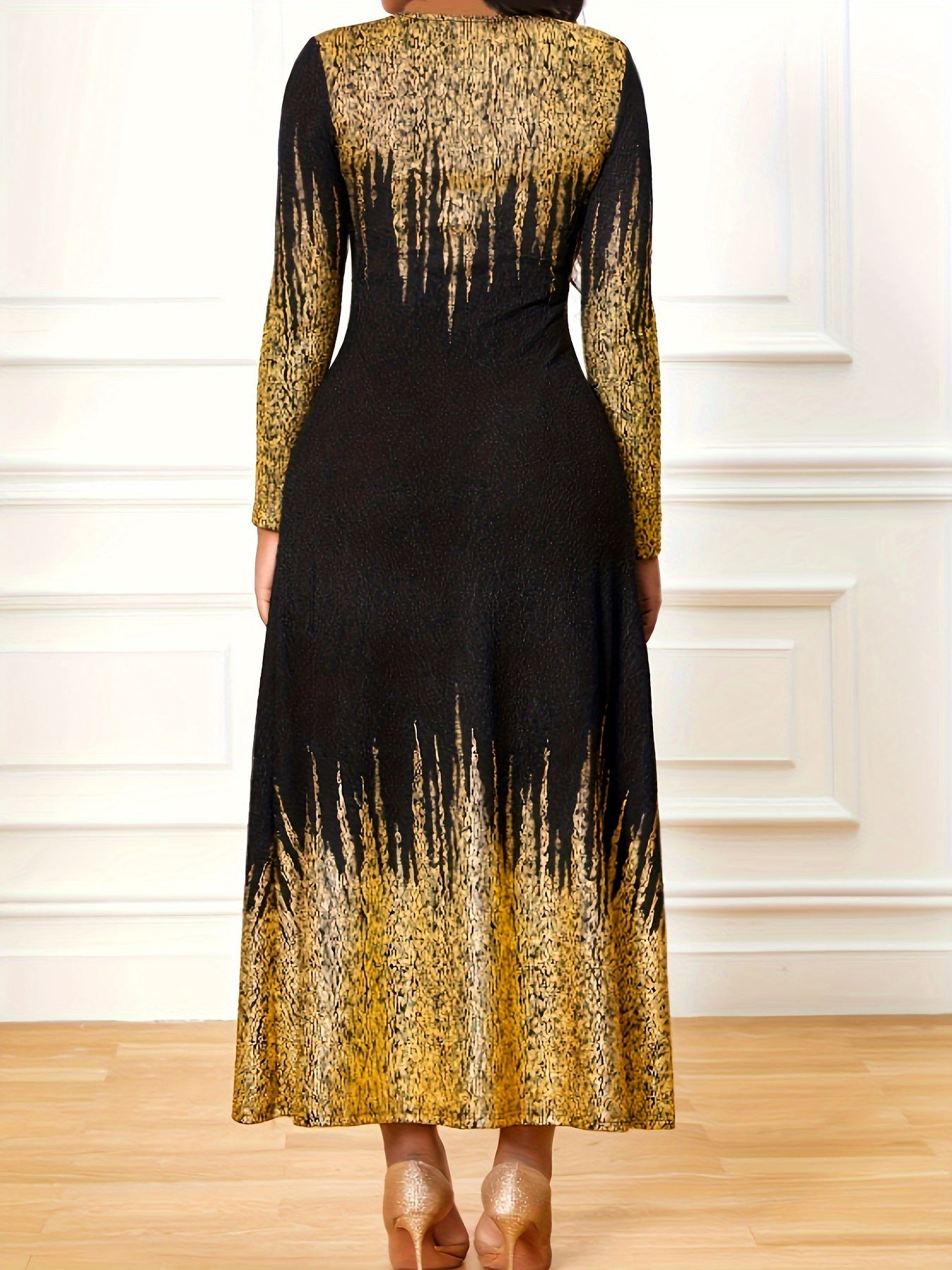  Colorblock Ombre Maxi Dress Long Sleeve Round Neck