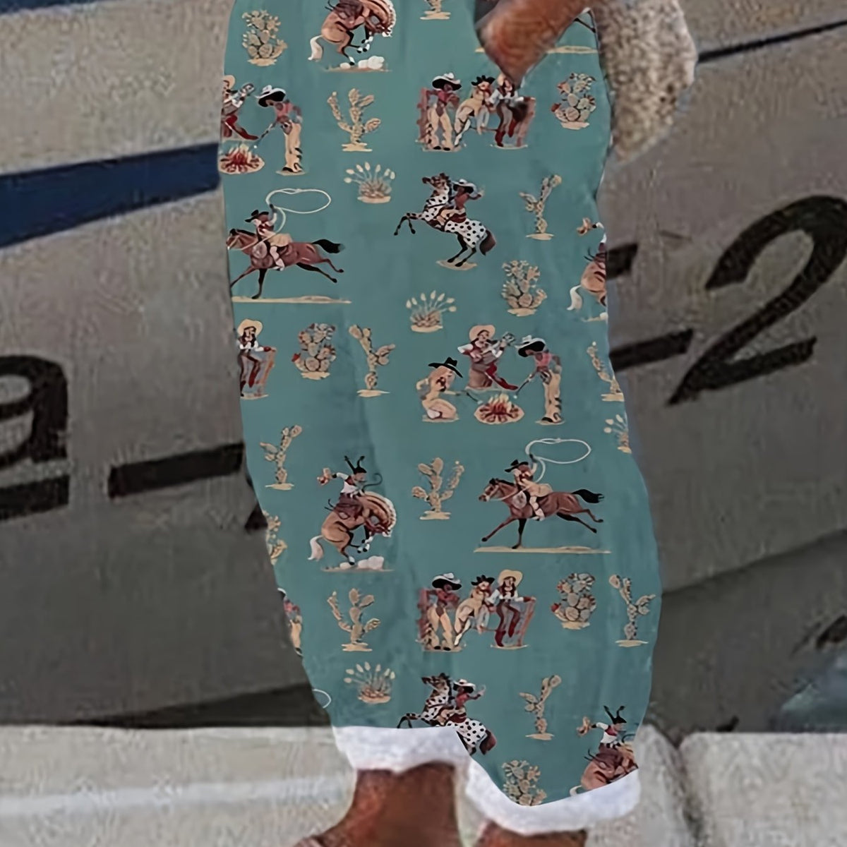 Cowboy Print Plus Size Western Pants Women's Straight Leg Drawstring Trousers