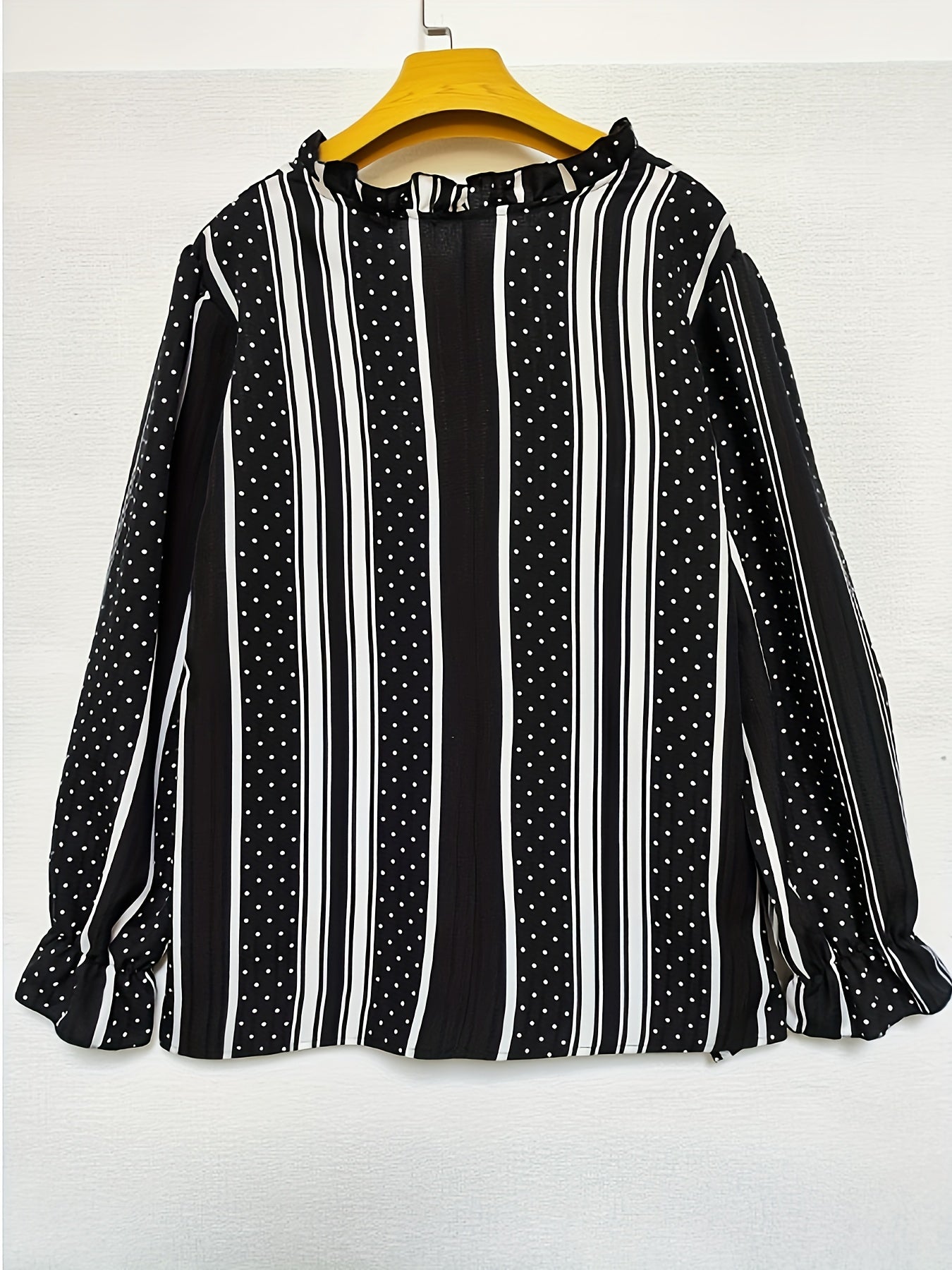  Colorblock Stripe & Dot Print Ruffle Trim V Neck Top