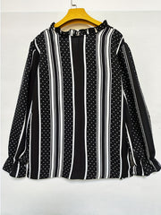  Colorblock Stripe & Dot Print Ruffle Trim V Neck Top
