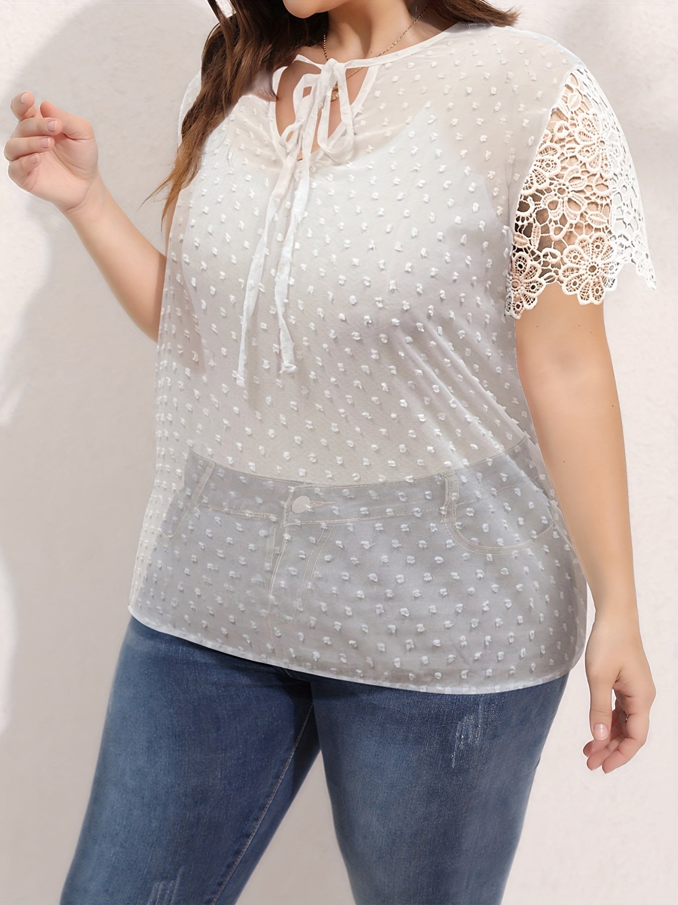  Lace Flocked Dot Short Sleeve Blouse
