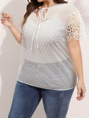  Lace Flocked Dot Short Sleeve Blouse