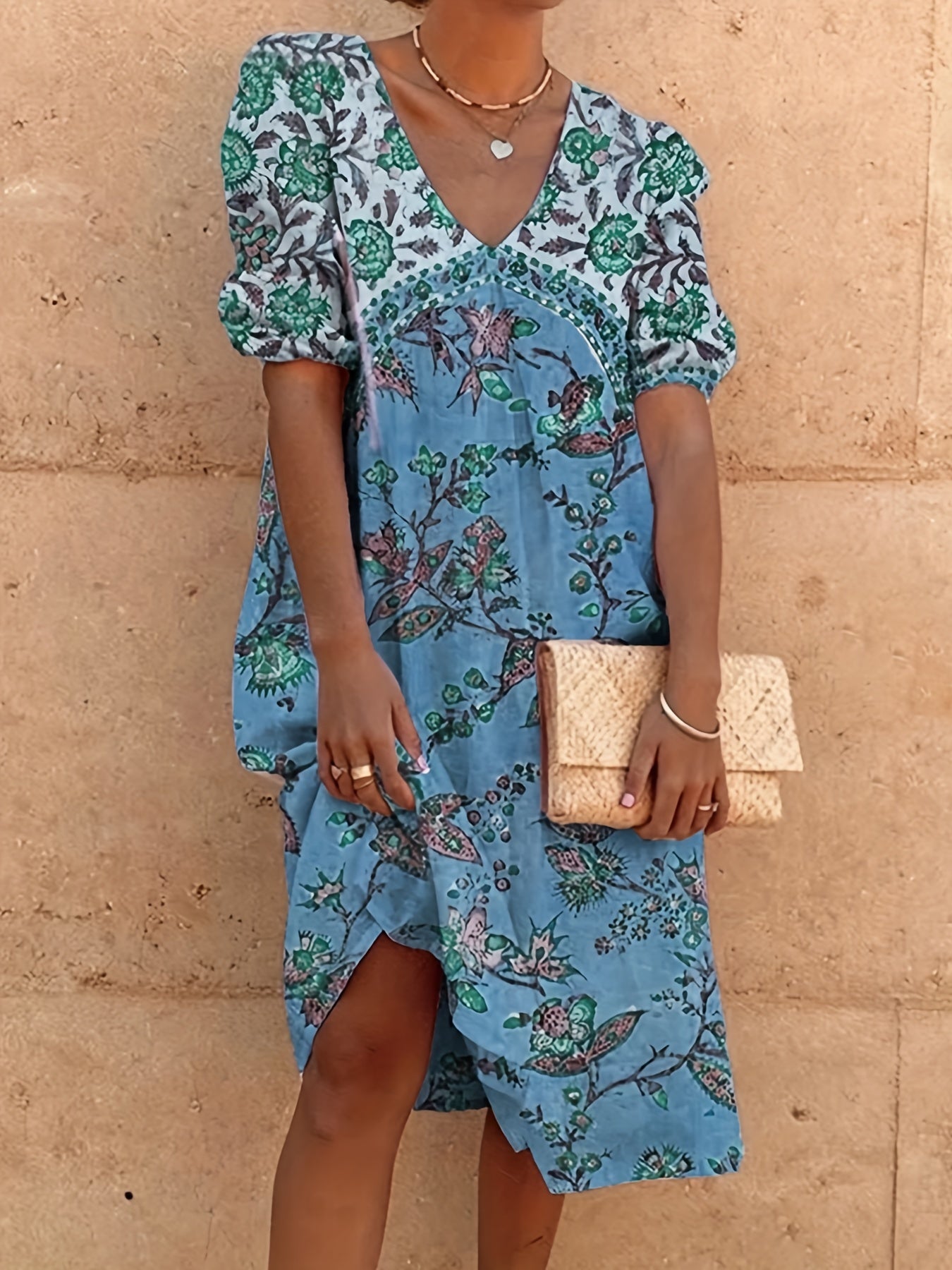 Floral Print V Neck Midi Dress