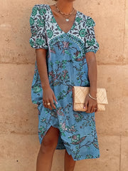  Floral Print V Neck Midi Dress