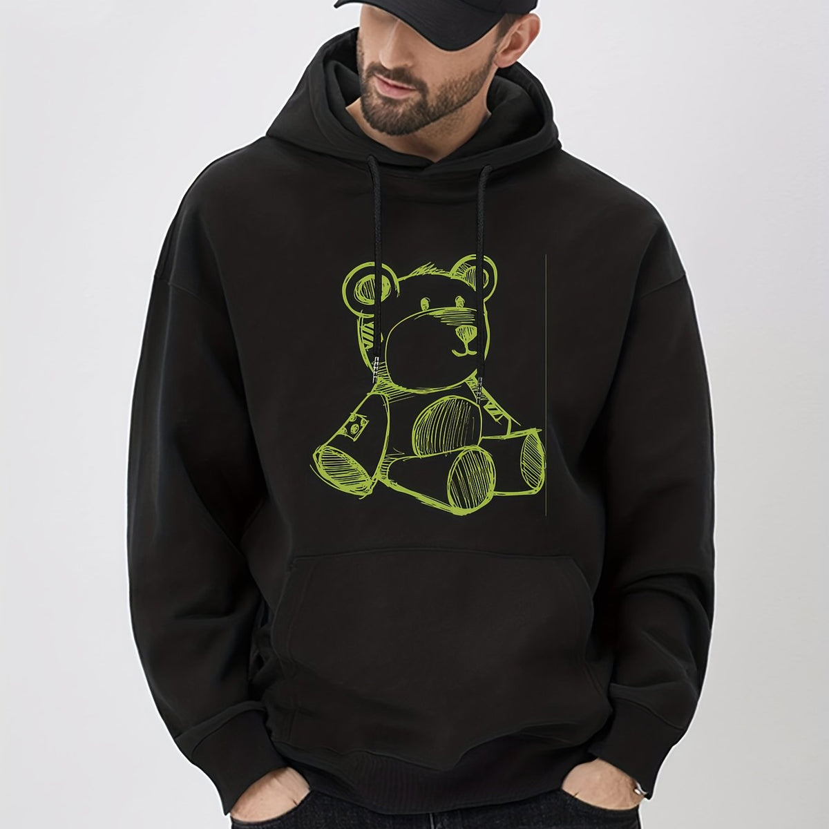 Bear Doodle Print Hoodie Men's Graphic Pullover