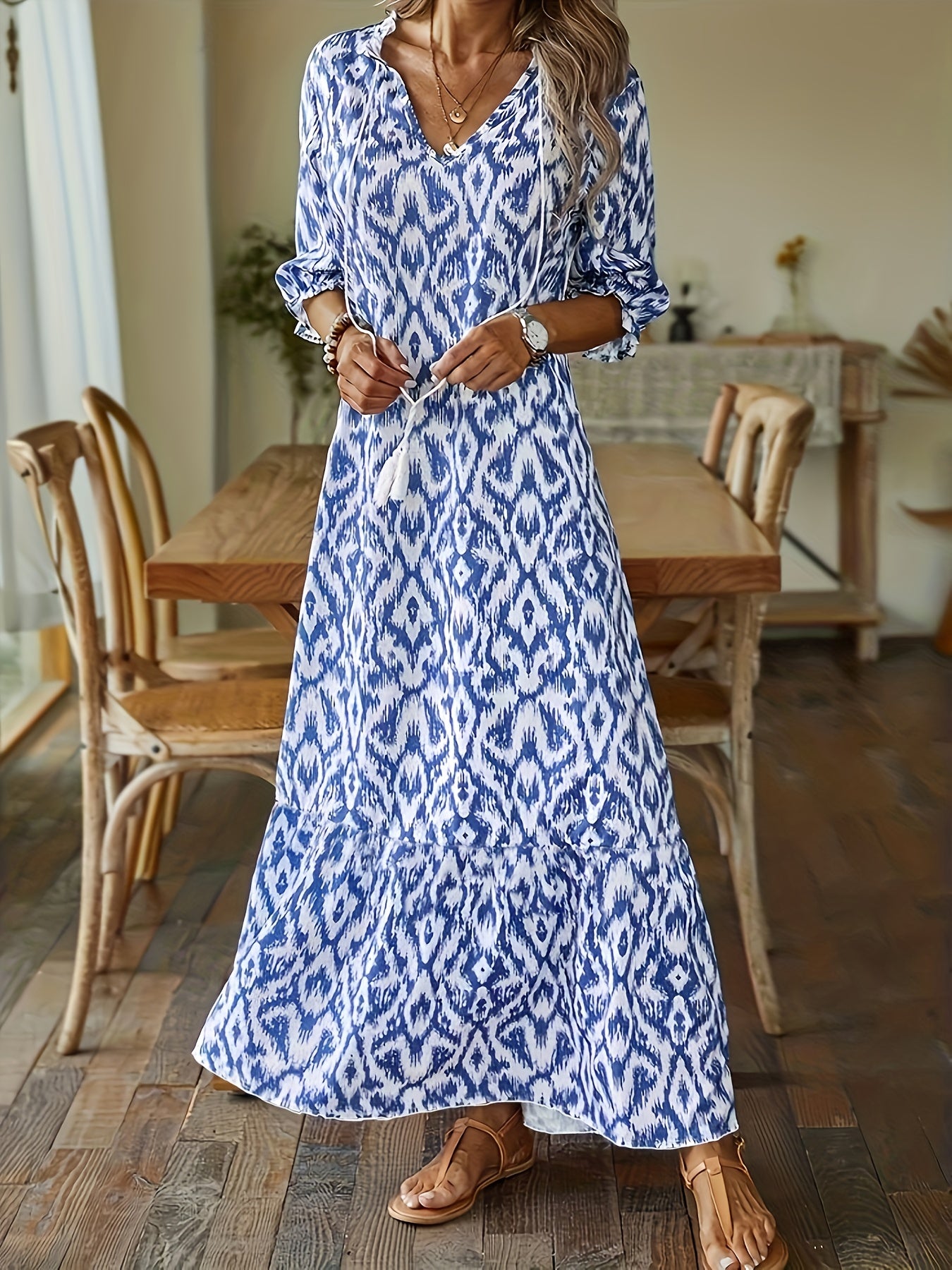 Women's Plus V Neck Ikat Print Maxi Dress with Tassel Detail