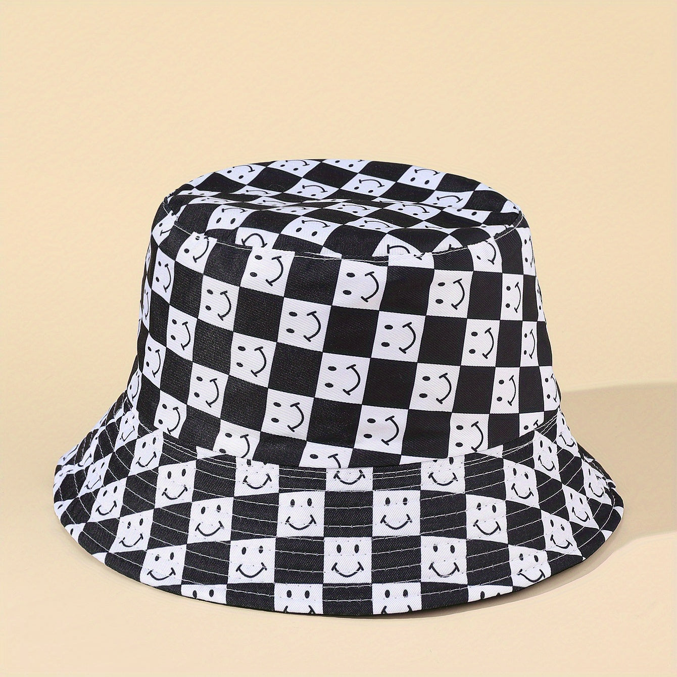 Mens Checkerboard Happy Face Polyester Bucket Hat